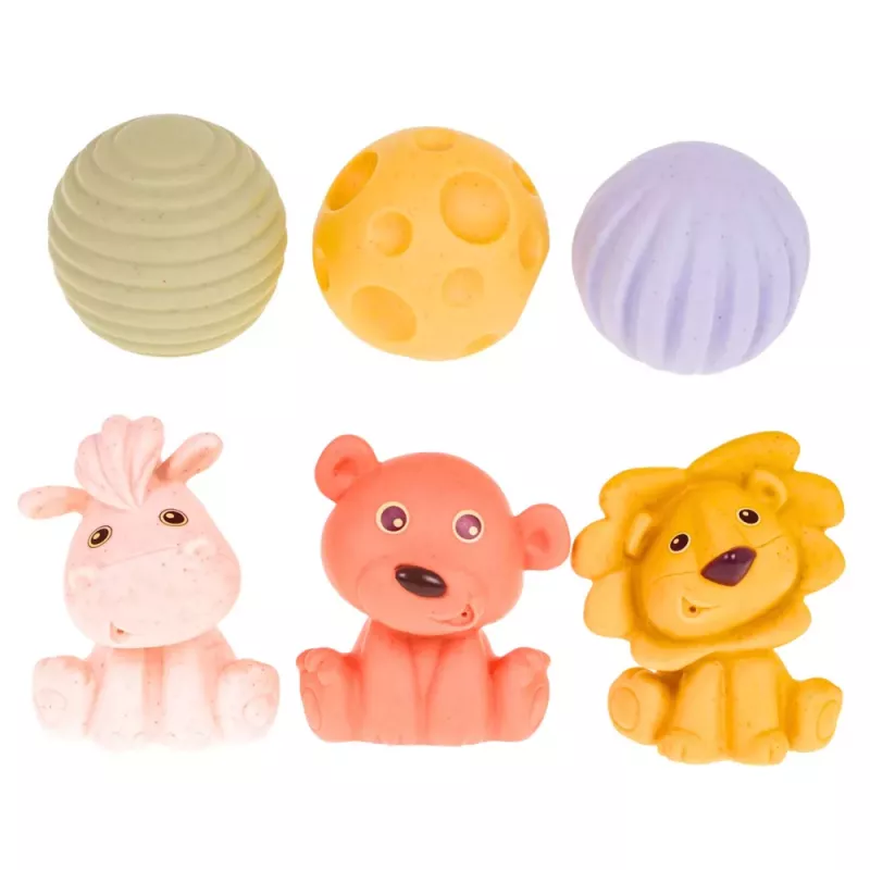 LEAN TOYS Minkštų jutiminių edukacinių ECO kaladėlių rinkinys su guminiais gyvūnėliais, 18 vnt.