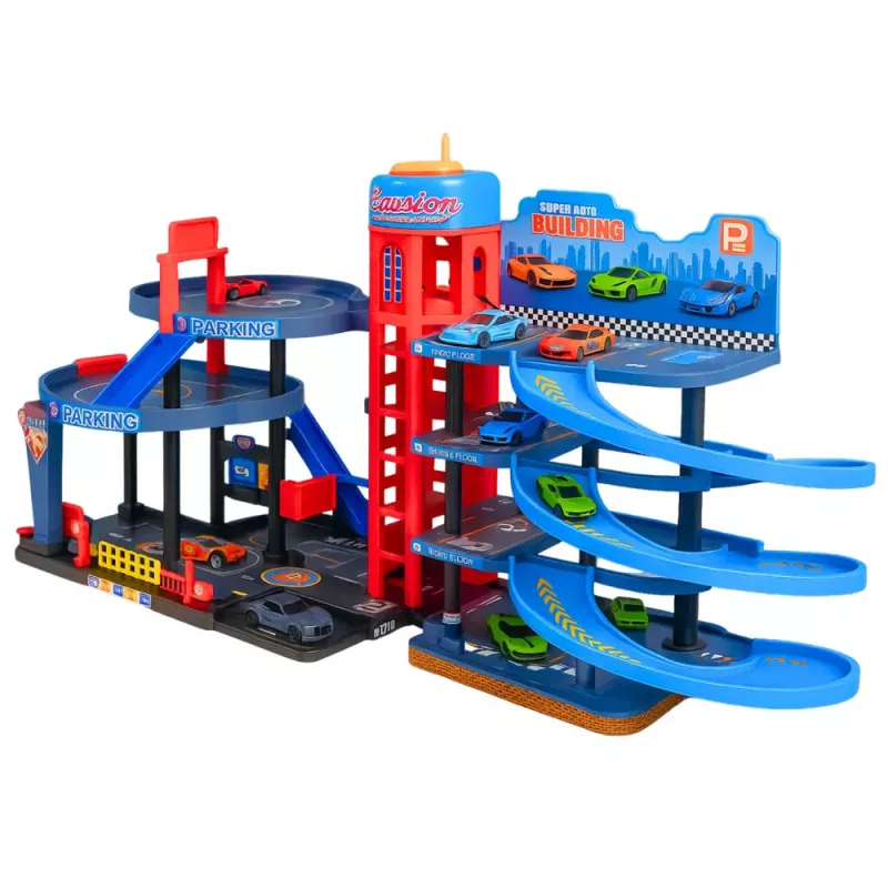 LEAN TOYS Automobilių stovėjimo aikštelė su automobiliais, 4 lygių trasa, 8 metaliniai automobiliai, lipdukai