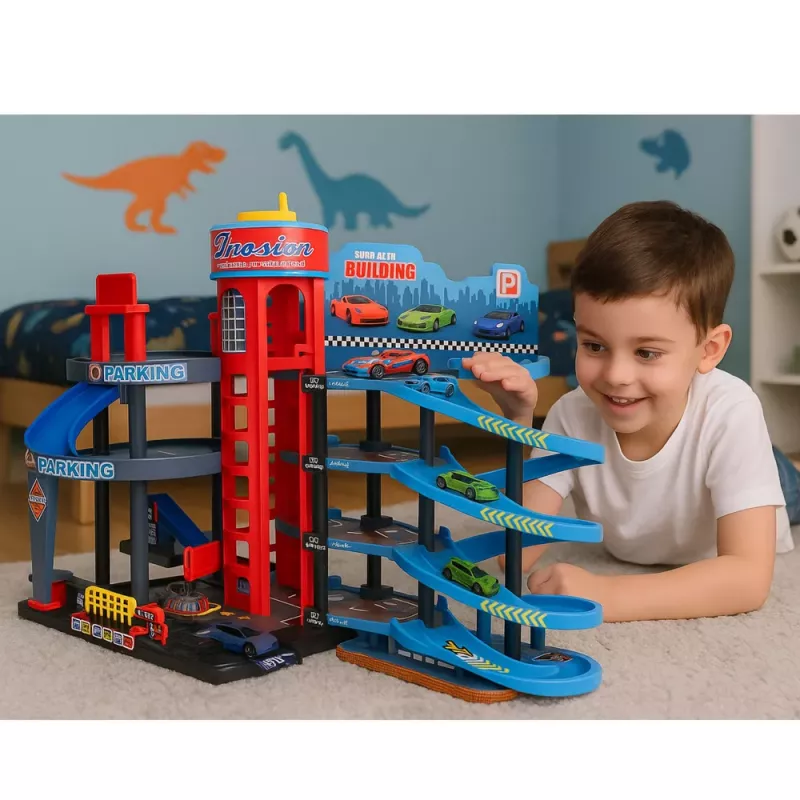 LEAN TOYS Automobilių stovėjimo aikštelė su automobiliais, 4 lygių trasa, 8 metaliniai automobiliai, lipdukai