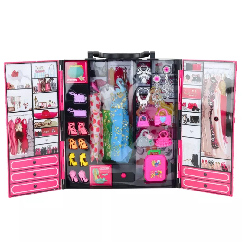 LEAN TOYS Rožinė spinta lėlėms su suknelėmis, batais, aksesuarais