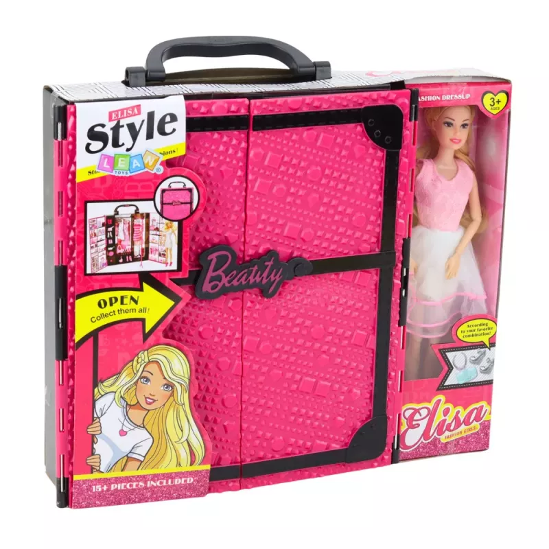 LEAN TOYS Rožinė spinta lėlėms su suknelėmis, batais, aksesuarais