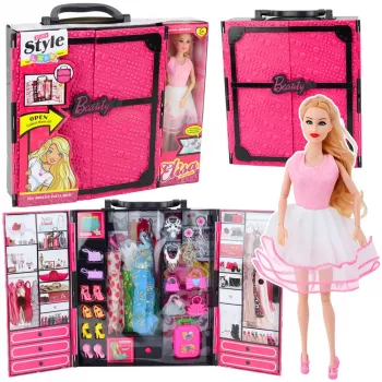 LEAN TOYS Rožinė spinta lėlėms su suknelėmis, batais, aksesuarais