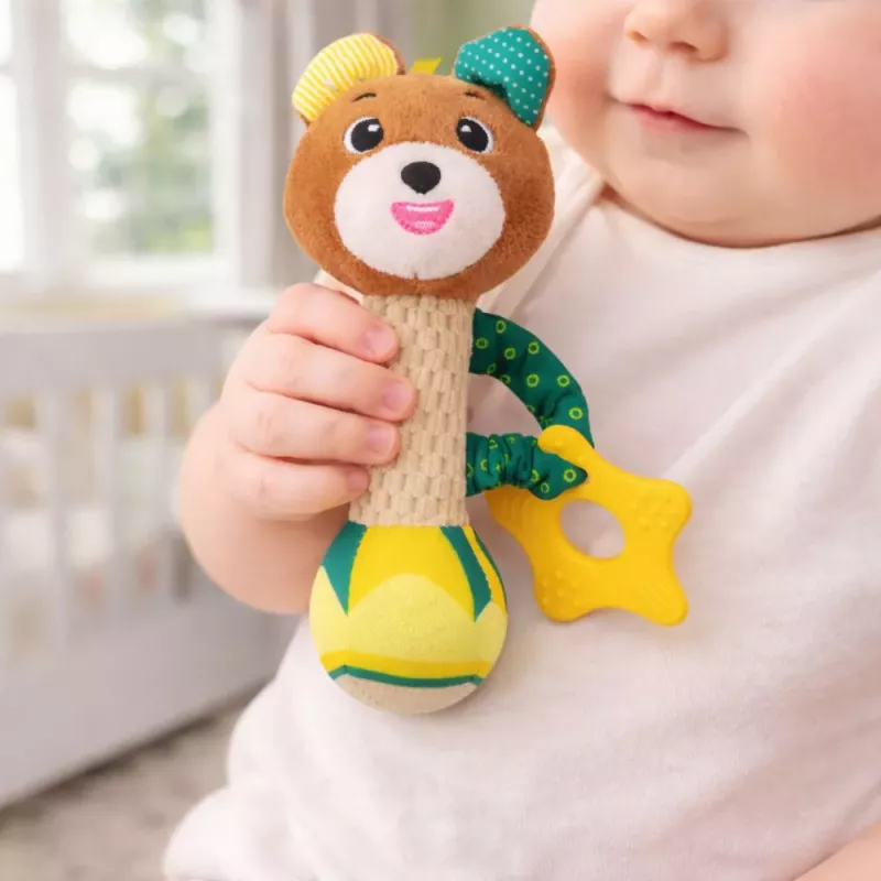 LEAN TOYS Minkštas meškiukas su barškučiu, dantukų kramtuku ir cyptuku kūdikiams