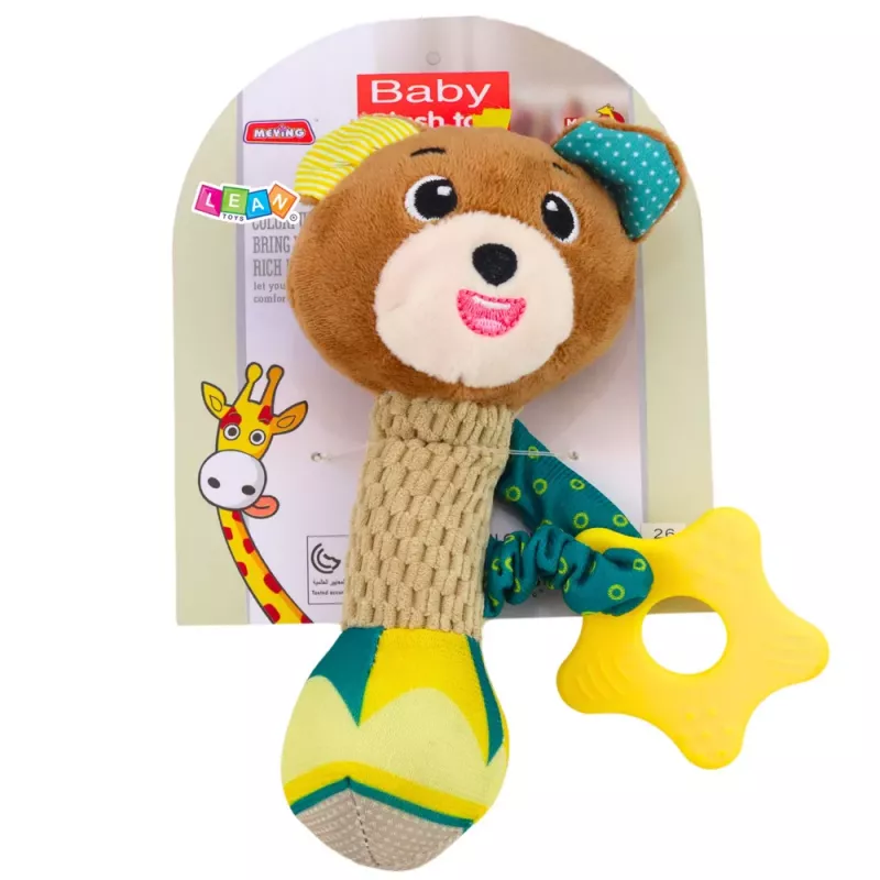 LEAN TOYS Minkštas meškiukas su barškučiu, dantukų kramtuku ir cyptuku kūdikiams