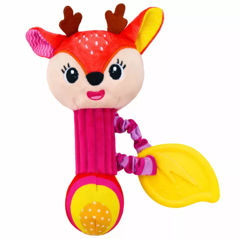 LEAN TOYS Minkštas elnio barškutis su dantukų kramtuku ir cyptuku kūdikiams