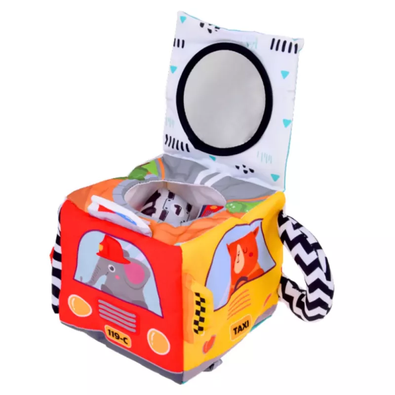 LEAN TOYS Minkštas sensorinis kubas su veidrodžiu, automobiliais ir kelio ženklais mažiems vaikams