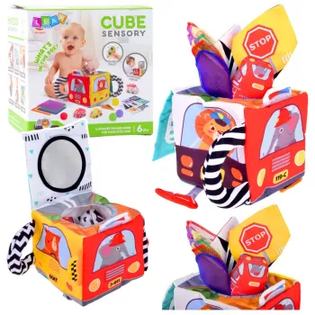 LEAN TOYS Minkštas sensorinis kubas su veidrodžiu, automobiliais ir kelio ženklais mažiems vaikams