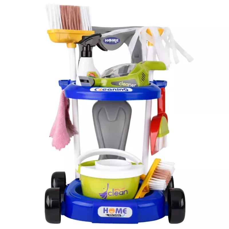 LEAN TOYS Vaikų valymo rinkinys su vežimėliu ir interaktyviu dulkių siurbliu