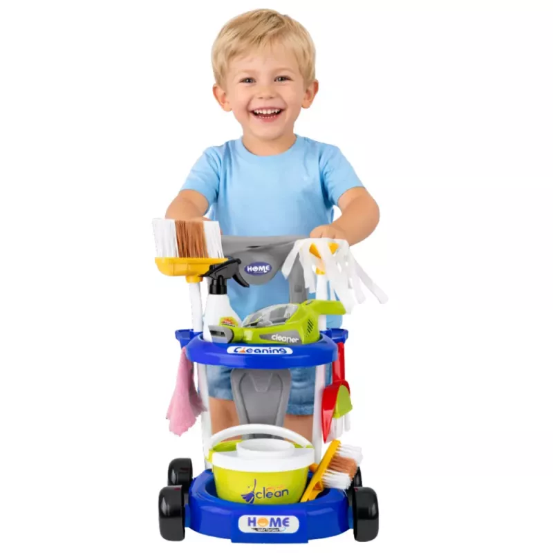 LEAN TOYS Vaikų valymo rinkinys su vežimėliu ir interaktyviu dulkių siurbliu