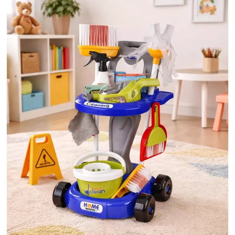 LEAN TOYS Vaikų valymo rinkinys su vežimėliu ir interaktyviu dulkių siurbliu