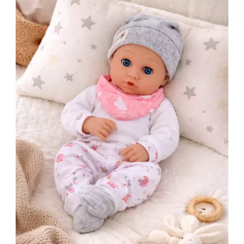 LEAN TOYS Baby Doll su maitinimo aksesuarais, seilinuku, kepure, 28 cm