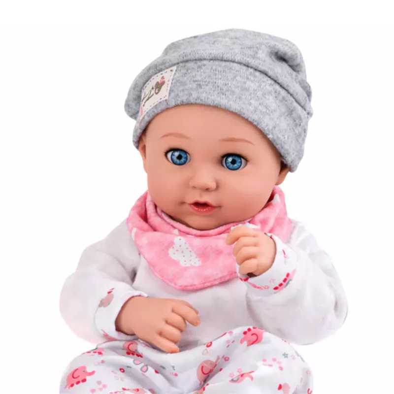LEAN TOYS Baby Doll su maitinimo aksesuarais, seilinuku, kepure, 28 cm