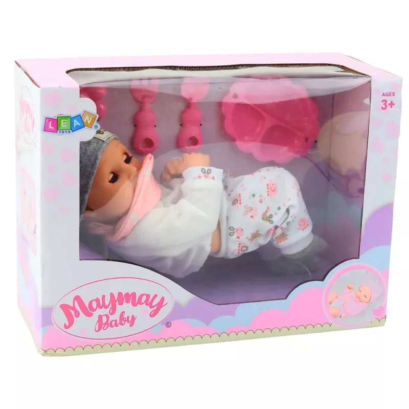 LEAN TOYS Baby Doll su maitinimo aksesuarais, seilinuku, kepure, 28 cm
