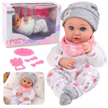 LEAN TOYS Baby Doll su maitinimo aksesuarais, seilinuku, kepure, 28 cm