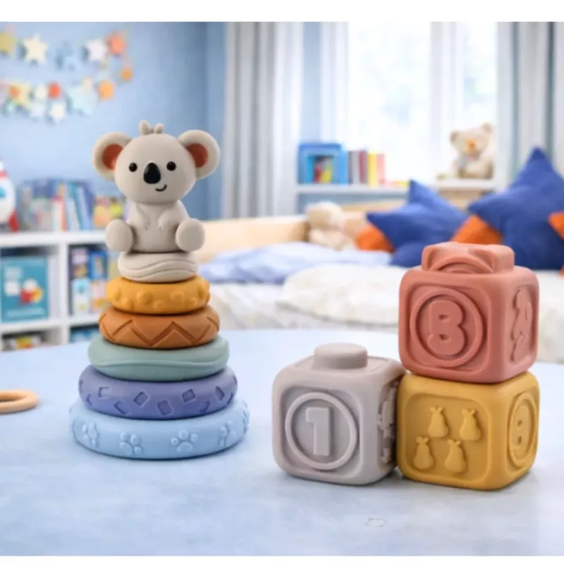 LEAN TOYS Sensoriniai edukaciniai blokeliai Bokštas iš minkštų guminių blokelių Koala 13 vnt.