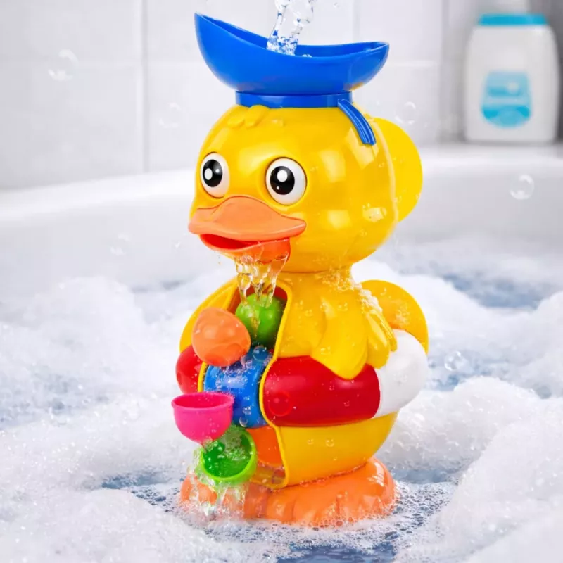 LEAN TOYS Interaktyvus vonios žaislas antis su malūnėliu, siurbtukais ir šaukšteliu
