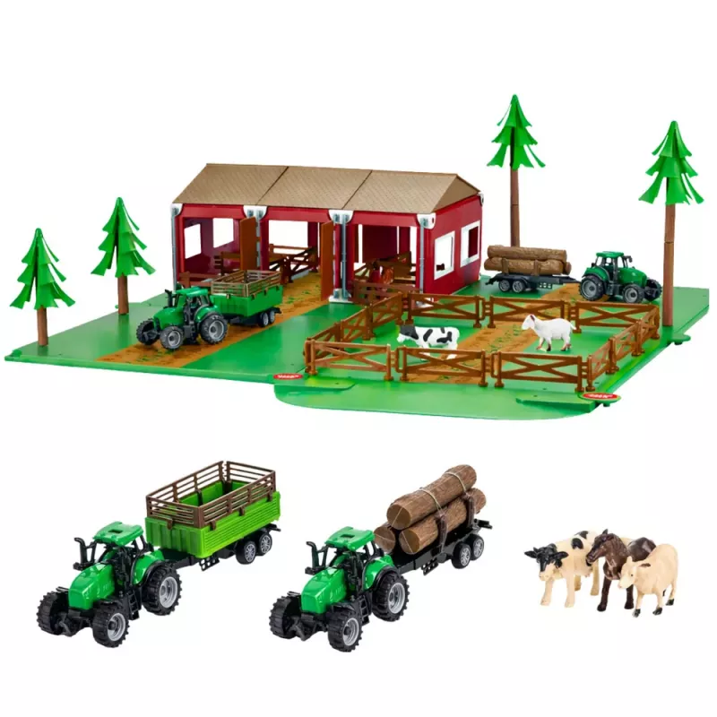 LEAN TOYS Ūkio rinkinys su ūkio nameliu, traktoriais, gyvūnais, 102 vnt.