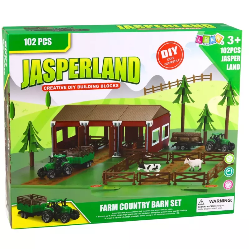 LEAN TOYS Ūkio rinkinys su ūkio nameliu, traktoriais, gyvūnais, 102 vnt.