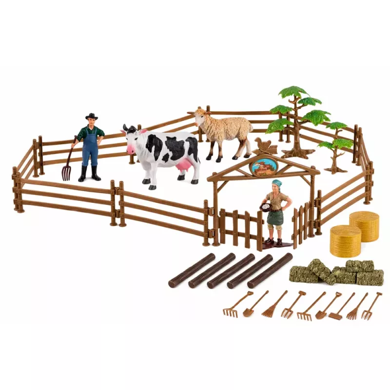 LEAN TOYS Žemės ūkio rinkinys Traktorius su priekaba, gyvūnais, ūkininkais, ūkis 45 vnt.