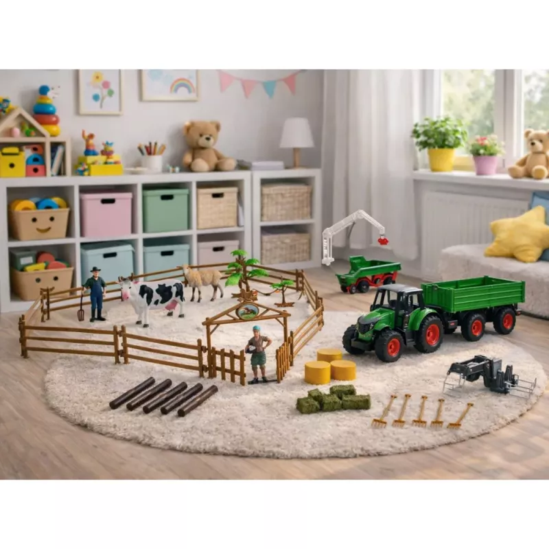 LEAN TOYS Žemės ūkio rinkinys Traktorius su priekaba, gyvūnais, ūkininkais, ūkis 45 vnt.
