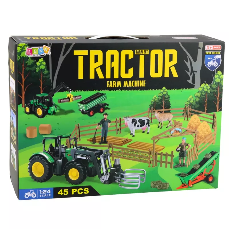 LEAN TOYS Žemės ūkio rinkinys Traktorius su priekaba, gyvūnais, ūkininkais, ūkis 45 vnt.