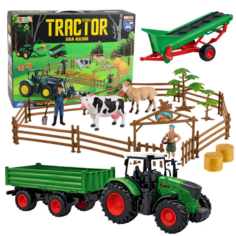 LEAN TOYS Žemės ūkio rinkinys Traktorius su priekaba, gyvūnais, ūkininkais, ūkis 45 vnt.
