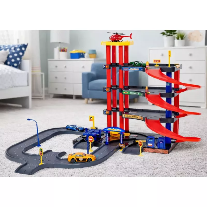 LEAN TOYS Daugiaaukštė automobilių stovėjimo aikštelė 4 lygiai su liftu, sraigtasparniu ir automobiliais, 70 dalių
