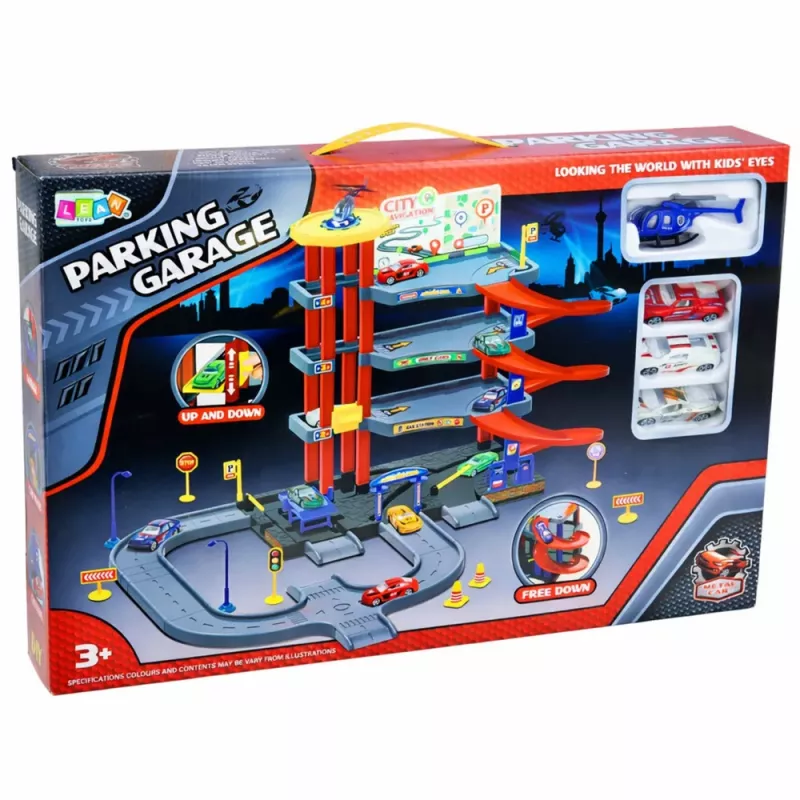 LEAN TOYS Daugiaaukštė automobilių stovėjimo aikštelė 4 lygiai su liftu, sraigtasparniu ir automobiliais, 70 dalių