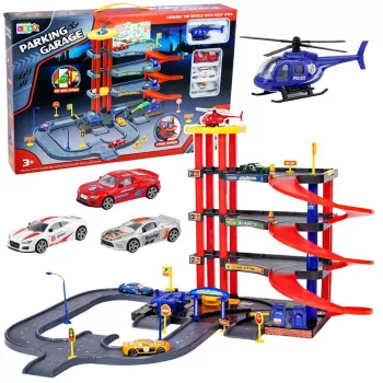 LEAN TOYS Daugiaaukštė automobilių stovėjimo aikštelė 4 lygiai su liftu, sraigtasparniu ir automobiliais, 70 dalių