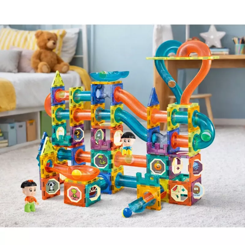 LEAN TOYS Magnetinių blokelių rutulio takelio čiuožykla spalvotas 188 vnt.