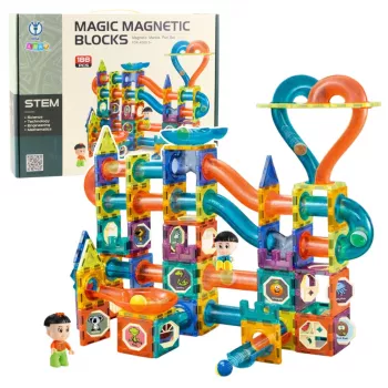 LEAN TOYS Magnetinių blokelių rutulio takelio čiuožykla spalvotas 188 vnt.