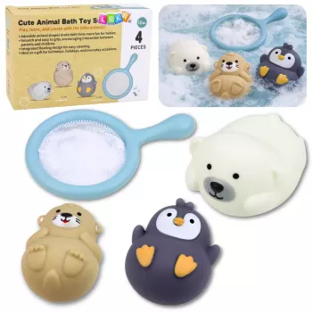 LEAN TOYS vonios žaislų rinkinys Žvejyba guminiai gyvūnėliai pastelinis sietelis 4 vnt.