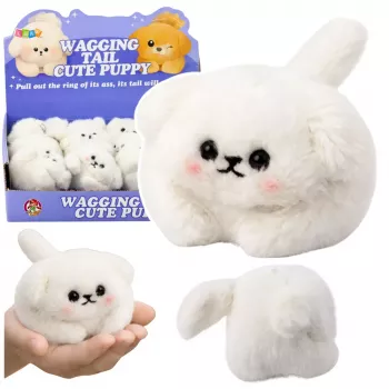 LEAN TOYS Minkštas baltas šuo su vizginančia uodega ir cypsančiais garsais raktų pakabukas 9 cm