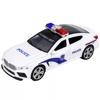 LEAN TOYS Policijos automobilis su atsidarančiomis durelėmis, varikliu, šviesomis ir garsais, baltas