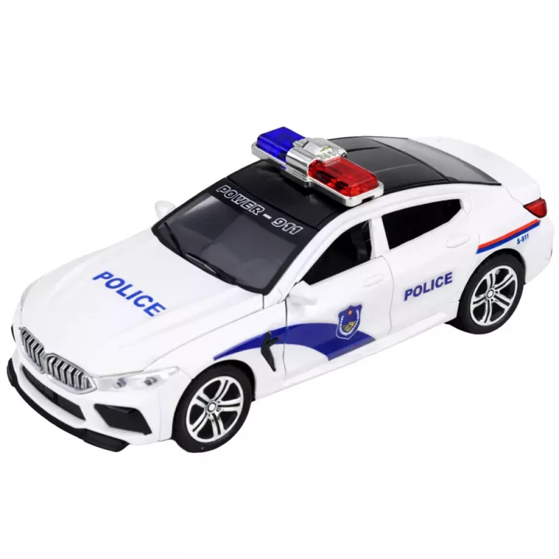 LEAN TOYS Policijos automobilis su atsidarančiomis durelėmis, varikliu, šviesomis ir garsais, baltas