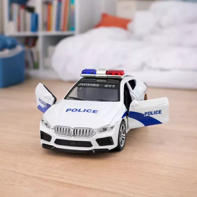 LEAN TOYS Policijos automobilis su atsidarančiomis durelėmis, varikliu, šviesomis ir garsais, baltas