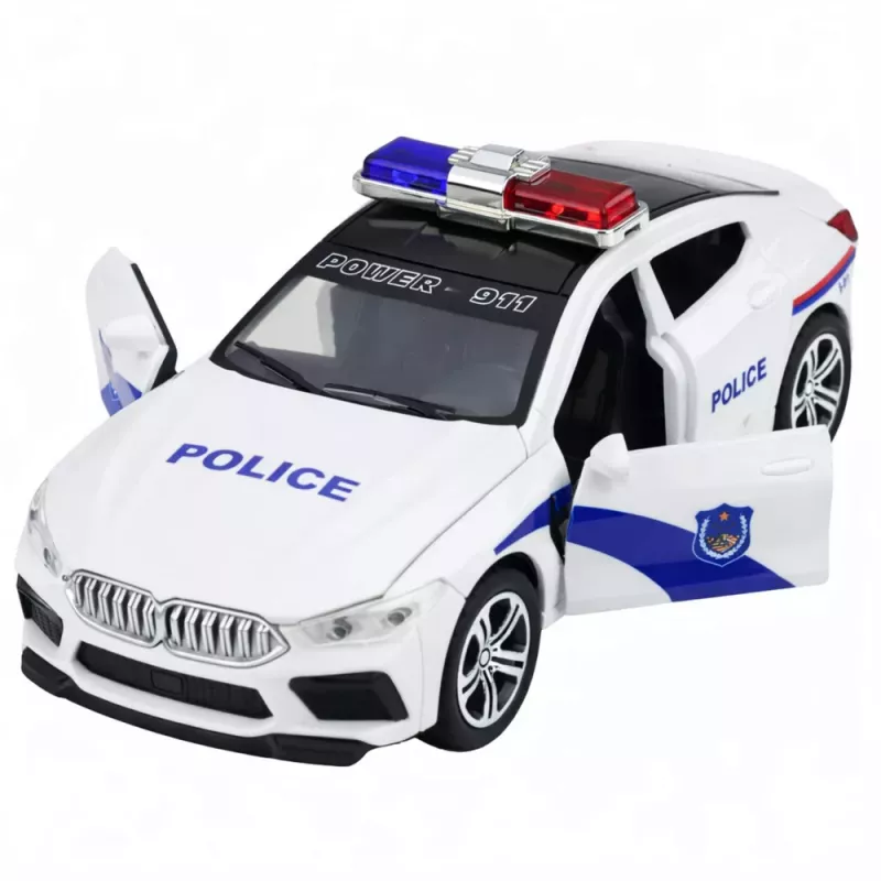 LEAN TOYS Policijos automobilis su atsidarančiomis durelėmis, varikliu, šviesomis ir garsais, baltas