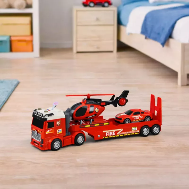 LEAN TOYS Ugniagesių gelbėjimo rinkinys su gaisrine mašina, vilkiku, sraigtasparniu, automobiliu, šviesomis ir garsu
