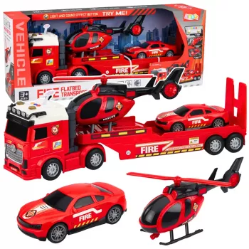 LEAN TOYS Ugniagesių gelbėjimo rinkinys su gaisrine mašina, vilkiku, sraigtasparniu, automobiliu, šviesomis ir garsu