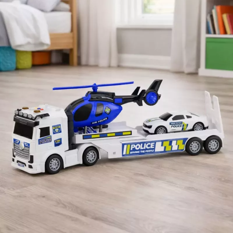 LEAN TOYS Policijos sunkvežimis, vilkikas, automobilis, sraigtasparnis su šviesomis ir garsais