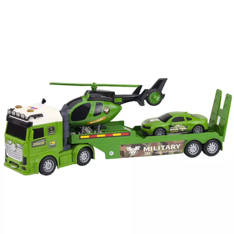 LEAN TOYS Karinis rinkinys: Karinis sunkvežimis, vilkikas, džipas, sraigtasparnis su šviesomis ir garsu