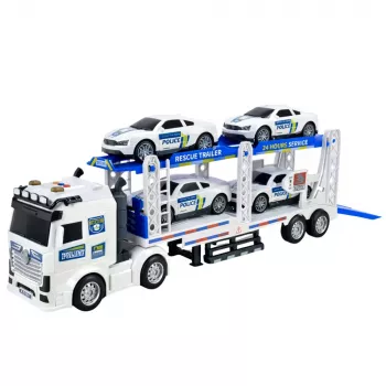 LEAN TOYS Policijos sunkvežimis su vilkiku ir policijos automobiliais su šviesomis ir garsais