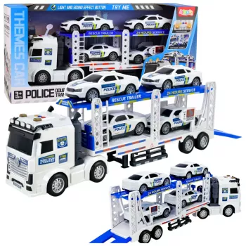 LEAN TOYS Policijos sunkvežimis su vilkiku ir policijos automobiliais su šviesomis ir garsais