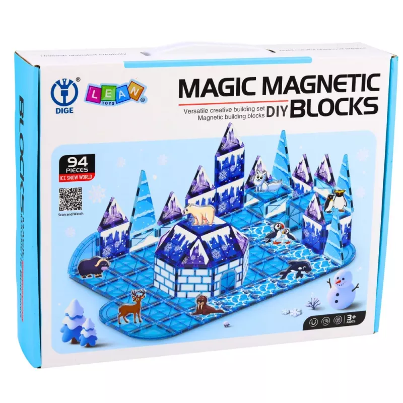 LEAN TOYS Magnetiniai blokeliai „Ledynų šalis“ su gyvūnų figūrėlėmis, mėlyni, 94 vnt.