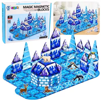 LEAN TOYS Magnetiniai blokeliai „Ledynų šalis“ su gyvūnų figūrėlėmis, mėlyni, 94 vnt.
