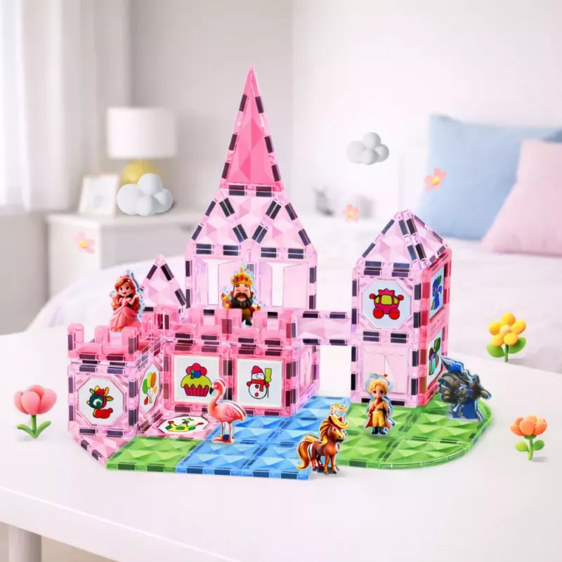 LEAN TOYS Magnetiniai blokeliai su figūrėlėmis, dažais ir kortelėmis piešimui, rožiniai, 80 vnt.