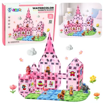 LEAN TOYS Magnetiniai blokeliai su figūrėlėmis, dažais ir kortelėmis piešimui, rožiniai, 80 vnt.
