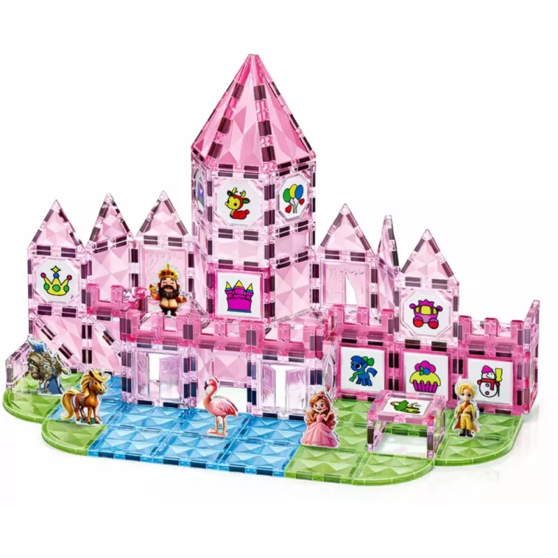 LEAN TOYS Magnetiniai blokeliai su figūrėlėmis, dažais ir kortelėmis piešimui, rožiniai, 142 vnt.