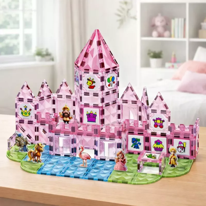 LEAN TOYS Magnetiniai blokeliai su figūrėlėmis, dažais ir kortelėmis piešimui, rožiniai, 142 vnt.