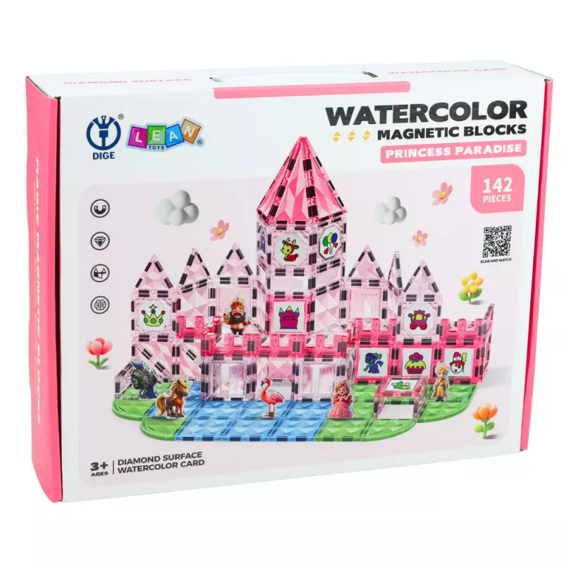 LEAN TOYS Magnetiniai blokeliai su figūrėlėmis, dažais ir kortelėmis piešimui, rožiniai, 142 vnt.